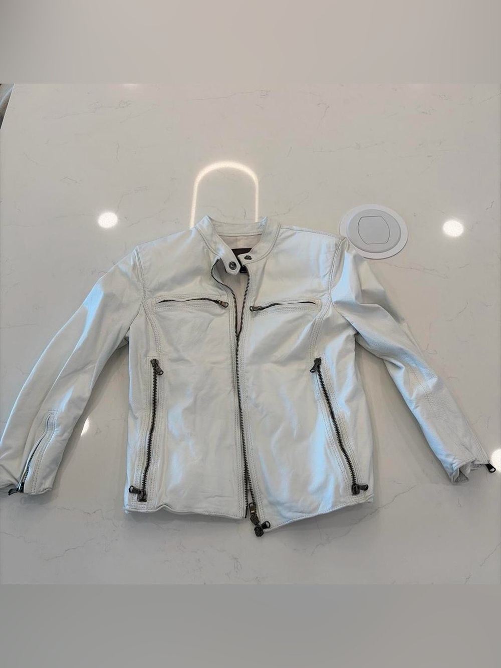 R13 White Leather Moto Jacket with Zip Pocket Accents